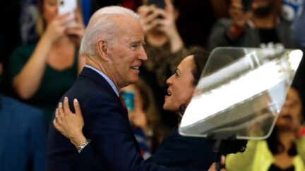 Senator Kamala Harris hugs Democratic presidential candidate former Vice President Joe Biden after she endorsed him at a campaign rally at Renaissance High School in Detroit, Michigan in March 2020.